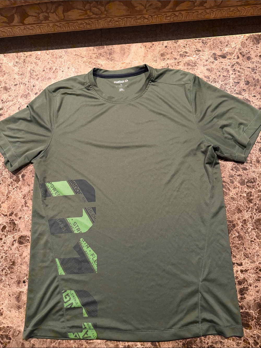 Reebok Men's Olive Green Short-Sleeve Performance Tee with Lime Accent